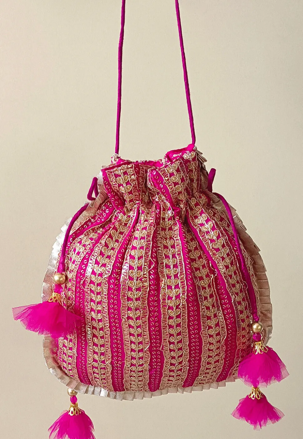 Embroidered Georgette Potli Bag in Fuchsia