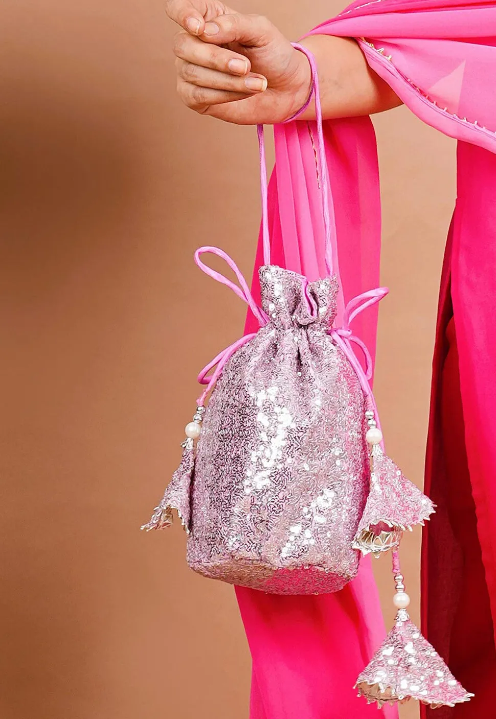 Embroidered Georgette Potli Bag in Pink