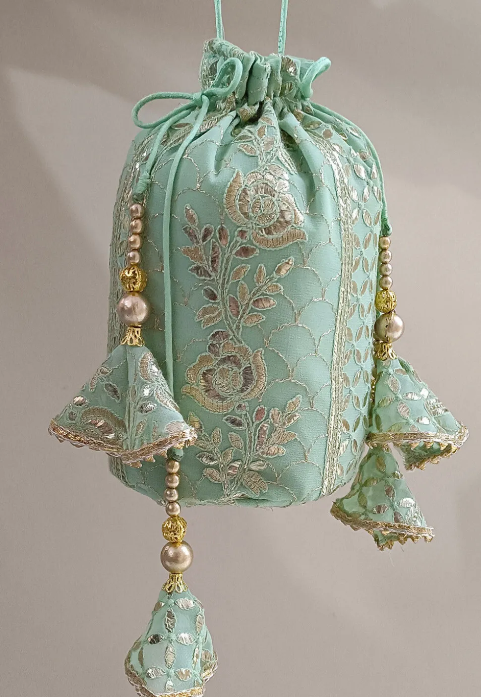 Embroidered Georgette Potli Bag in Pastel Green
