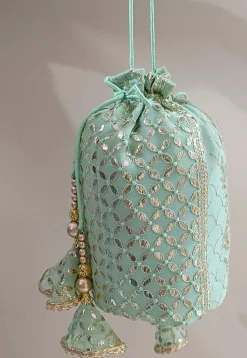 Embroidered Georgette Potli Bag in Pastel Green