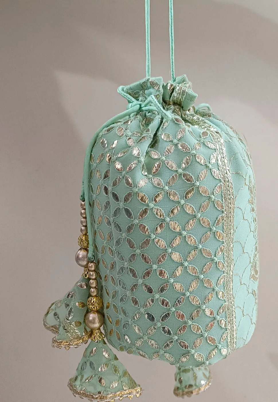 Embroidered Georgette Potli Bag in Pastel Green