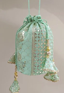Embroidered Georgette Potli Bag in Pastel Green