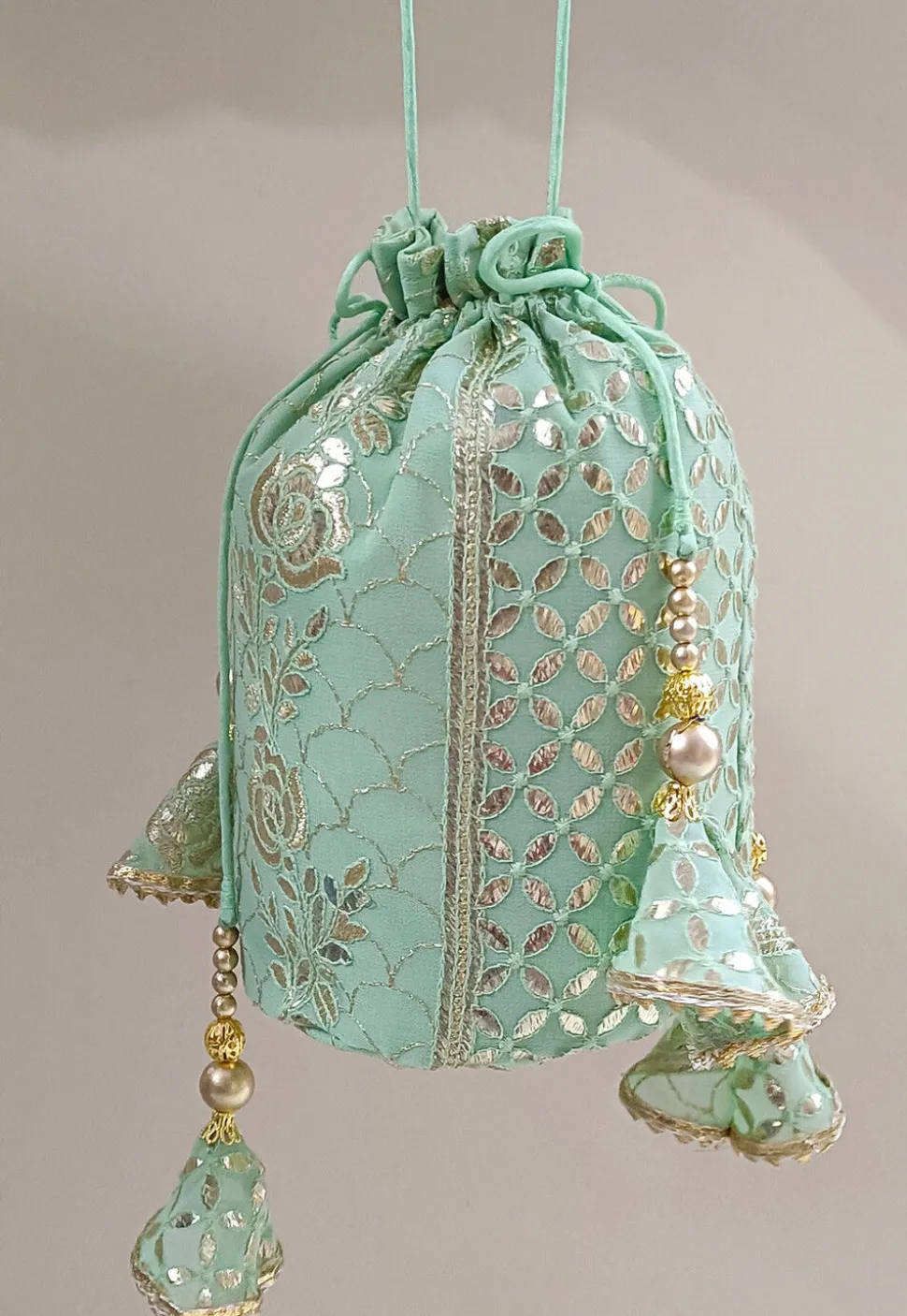 Embroidered Georgette Potli Bag in Pastel Green