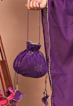 Embroidered Georgette Potli Bag in Purple