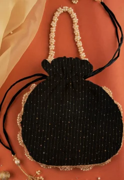 Embroidered Georgette Potli Bag in Black