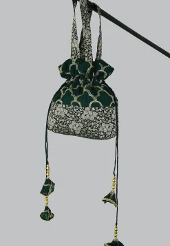 Embroidered Georgette Potli Bag in Dark Green