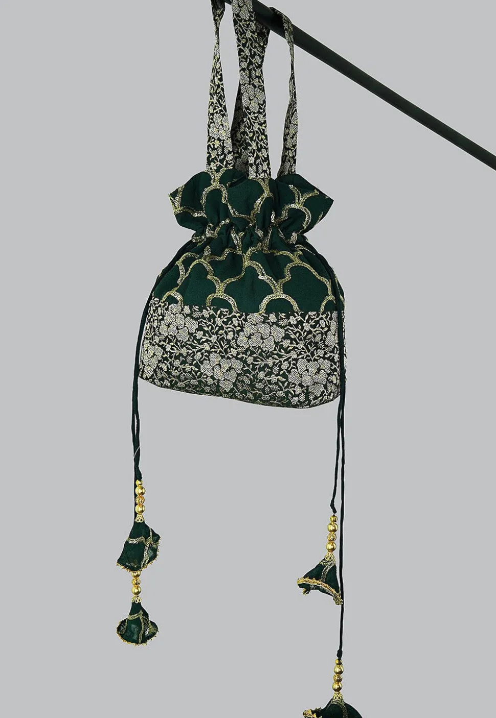 Embroidered Georgette Potli Bag in Dark Green