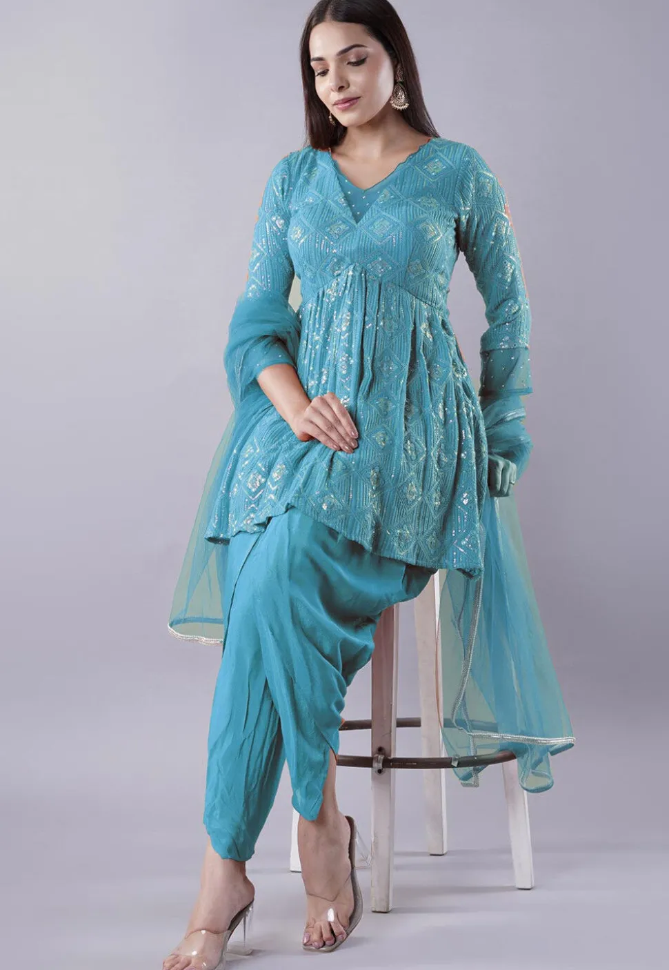Embroidered Georgette Punjabi Suit in Teal Blue