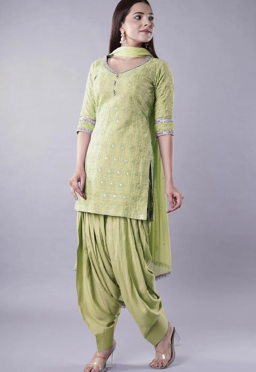 Embroidered Georgette Punjabi Suit in Light Green