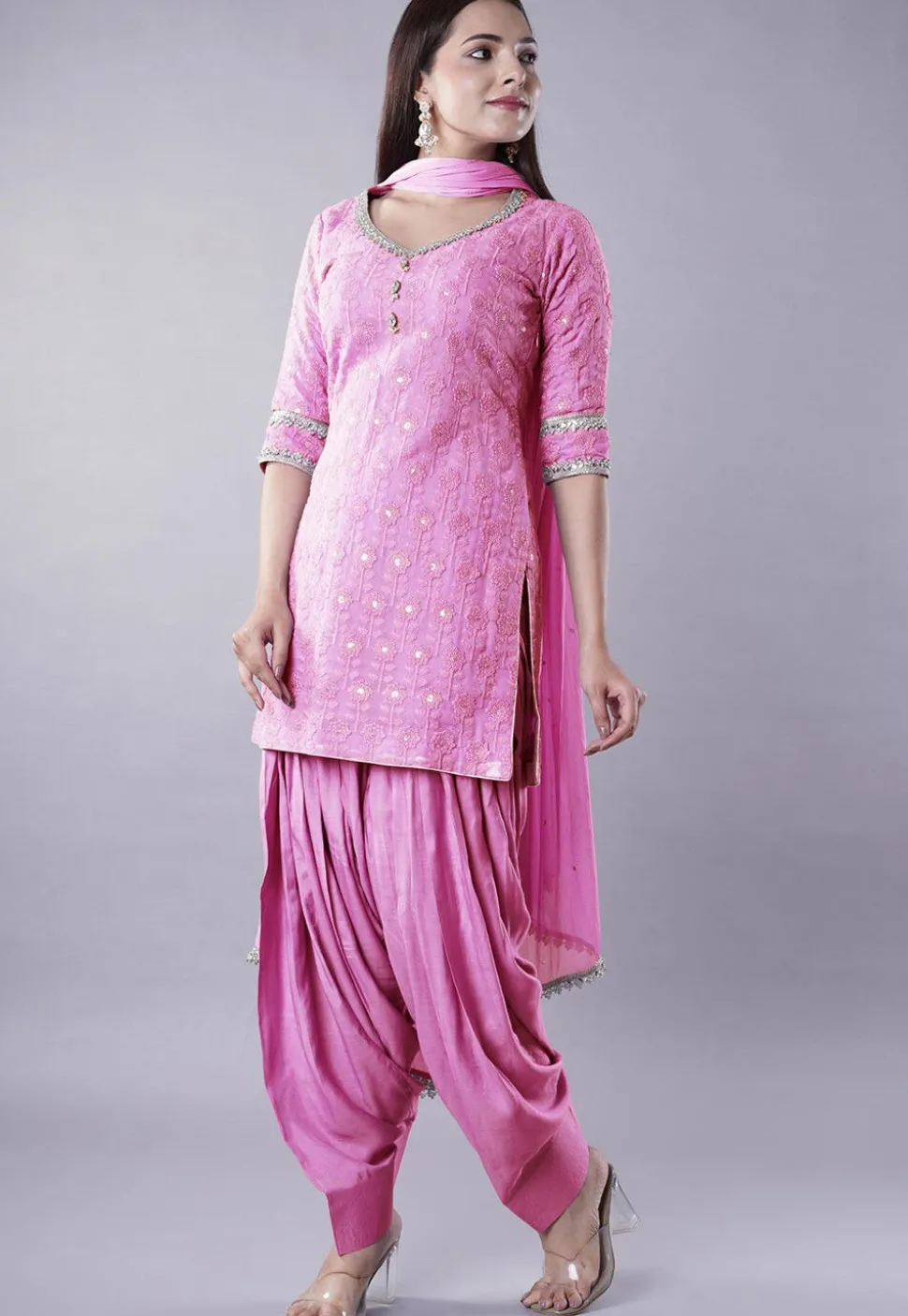 Embroidered Georgette Punjabi Suit in Pink