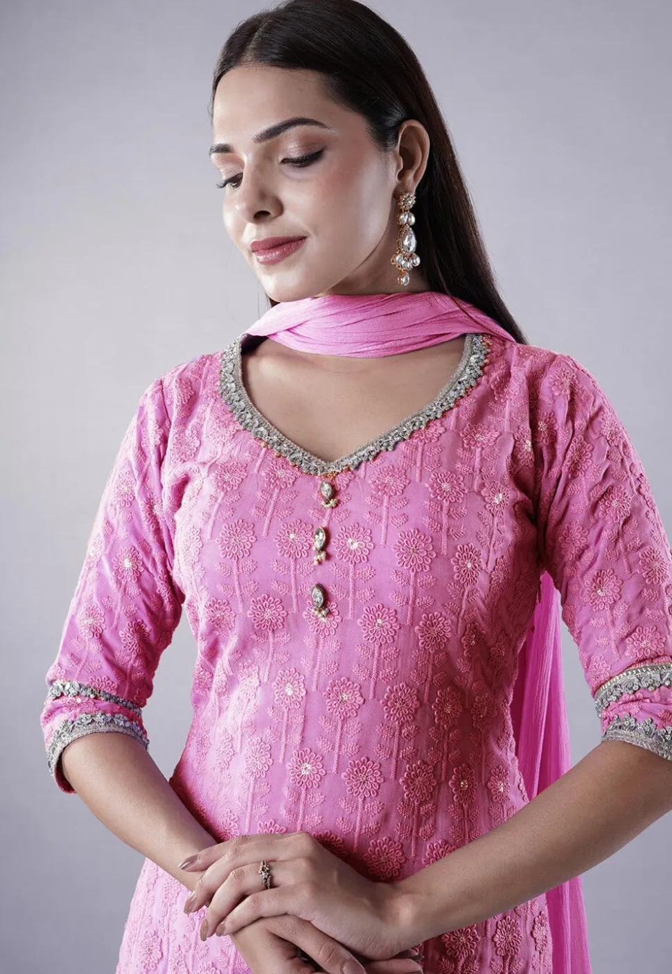 Embroidered Georgette Punjabi Suit in Pink
