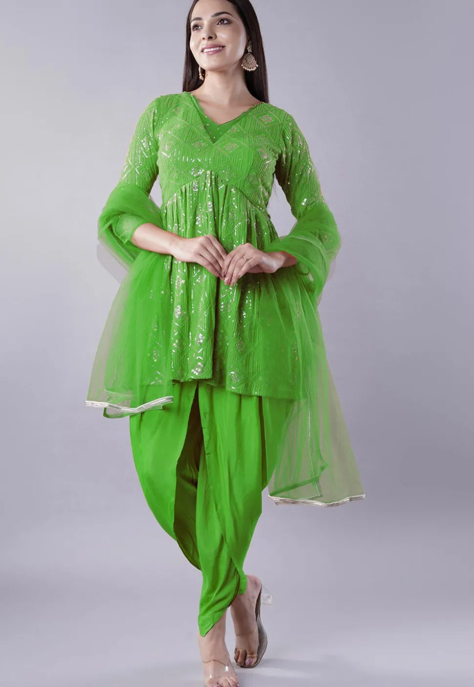 Embroidered Georgette Punjabi Suit in Light Green