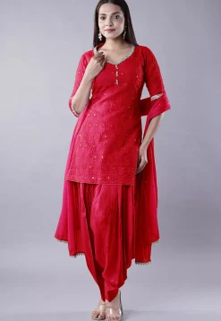 Embroidered Georgette Punjabi Suit in Coral Red