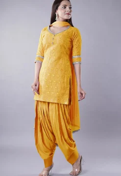 Embroidered Georgette Punjabi Suit in Mustard