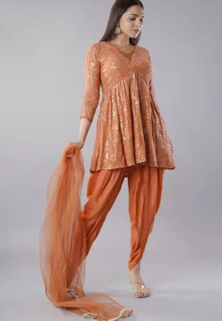 Embroidered Georgette Punjabi Suit in Orange