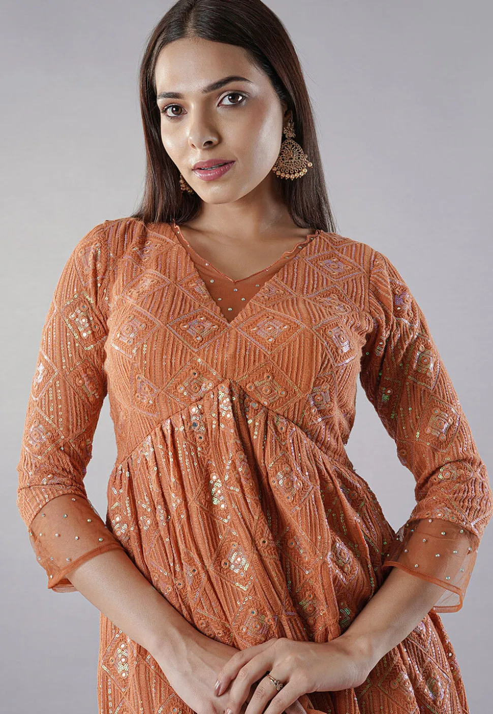 Embroidered Georgette Punjabi Suit in Orange