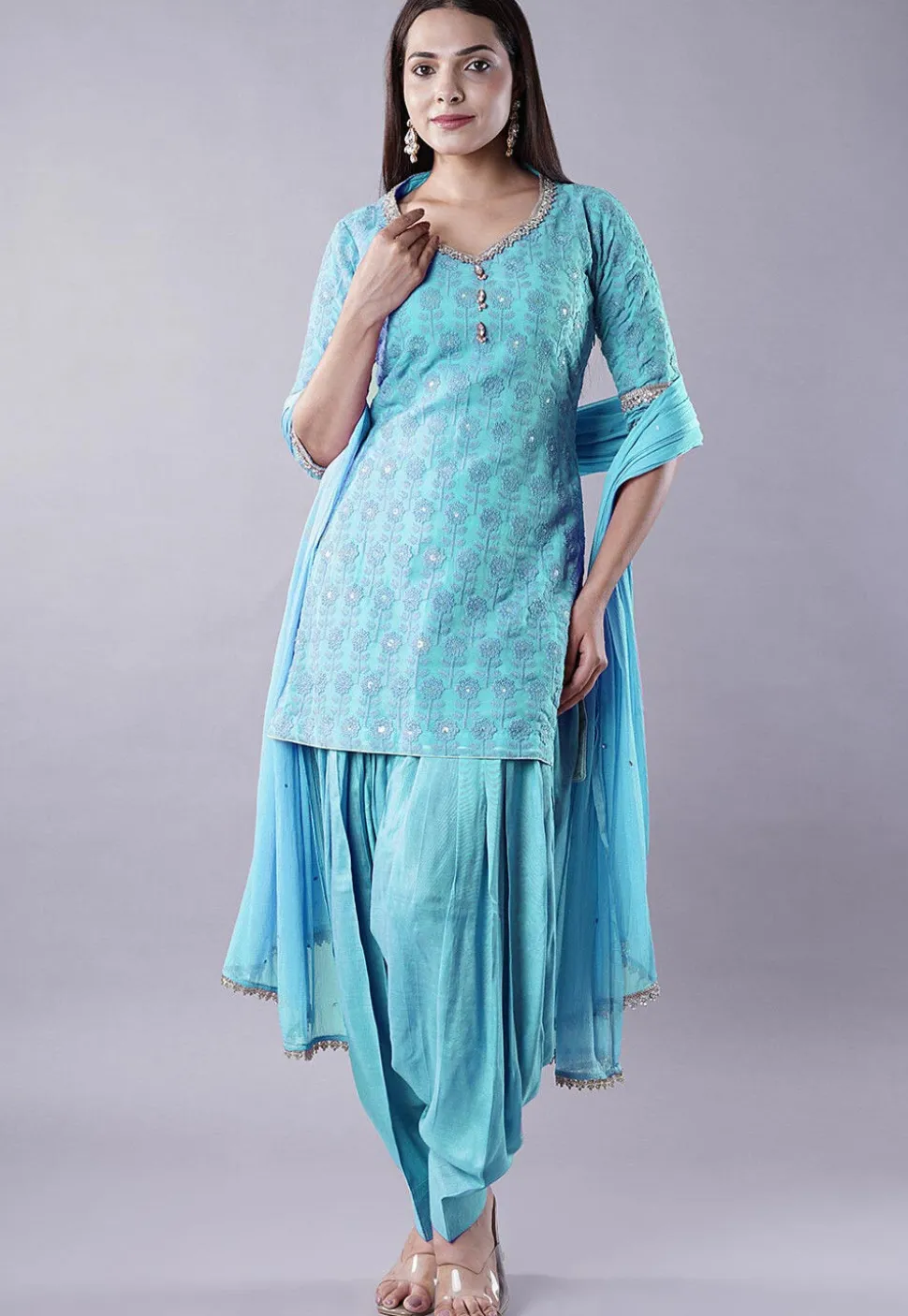 Embroidered Georgette Punjabi Suit in Sky Blue