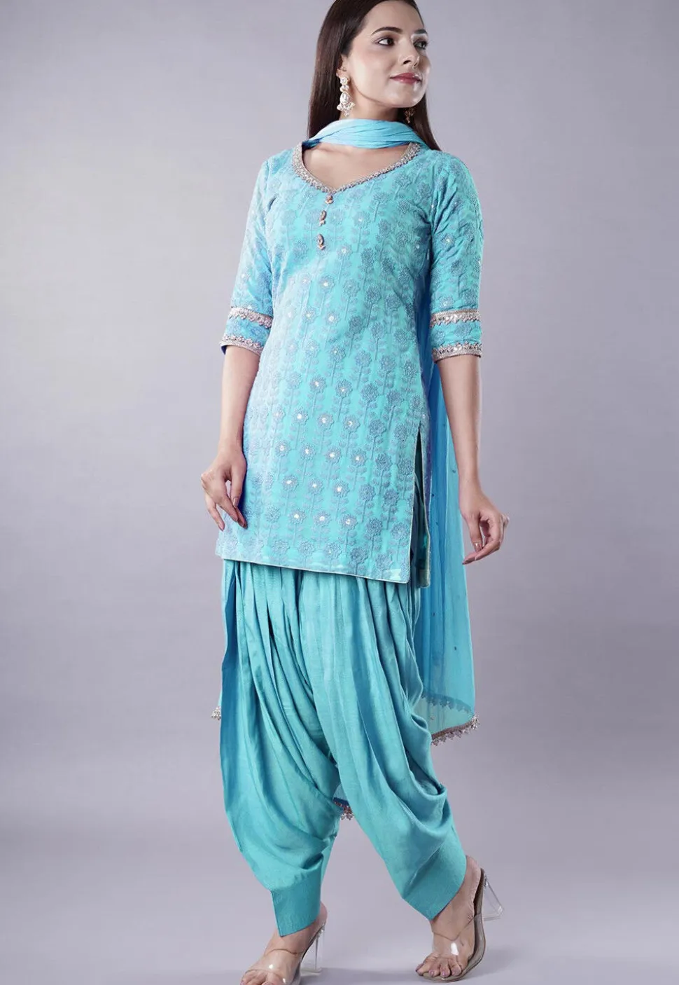 Embroidered Georgette Punjabi Suit in Sky Blue