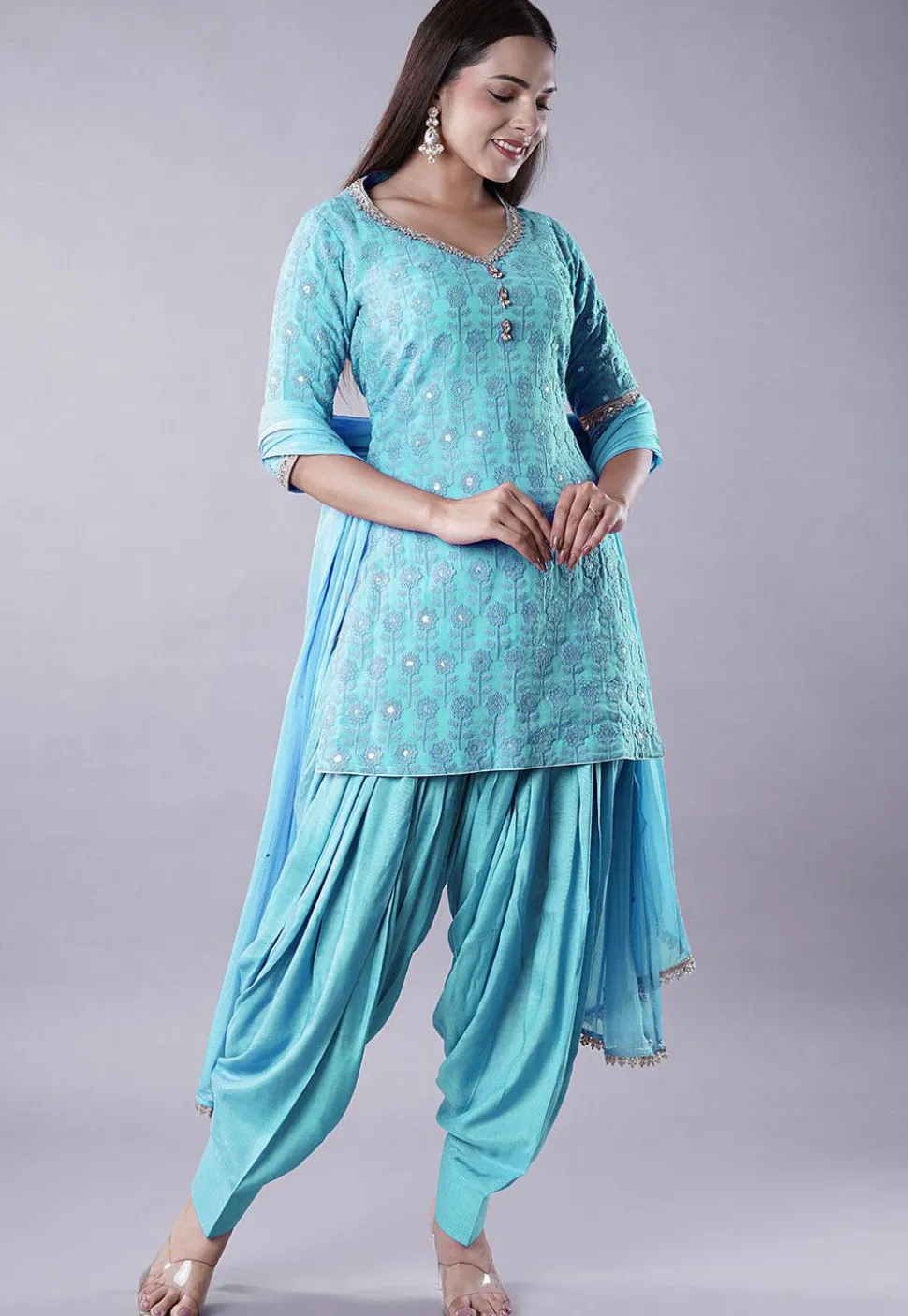 Embroidered Georgette Punjabi Suit in Sky Blue