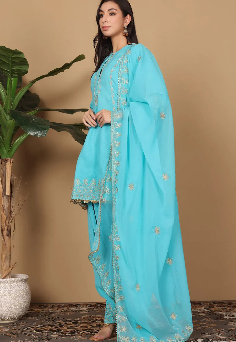 Embroidered Georgette Punjabi Suit in Blue