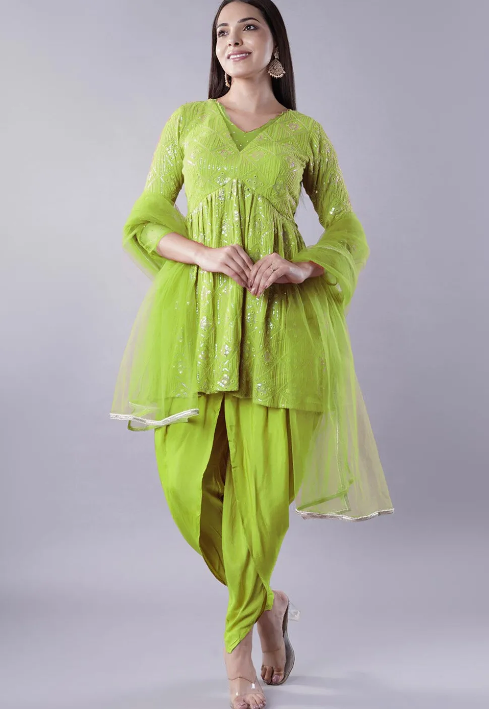 Embroidered Georgette Punjabi Suit in Light Green