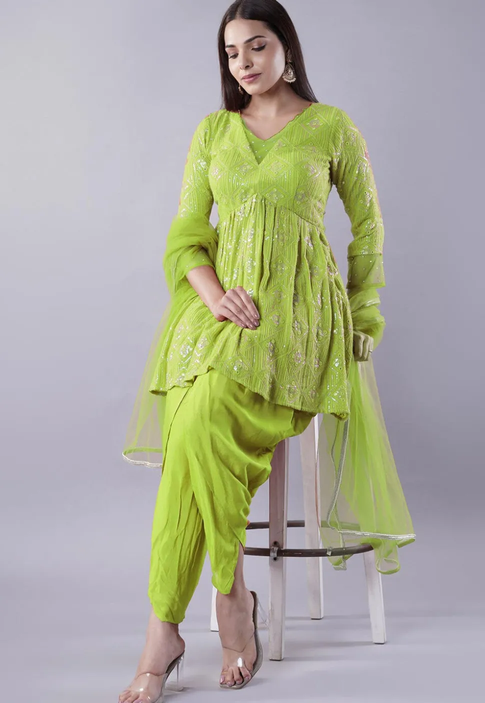 Embroidered Georgette Punjabi Suit in Light Green