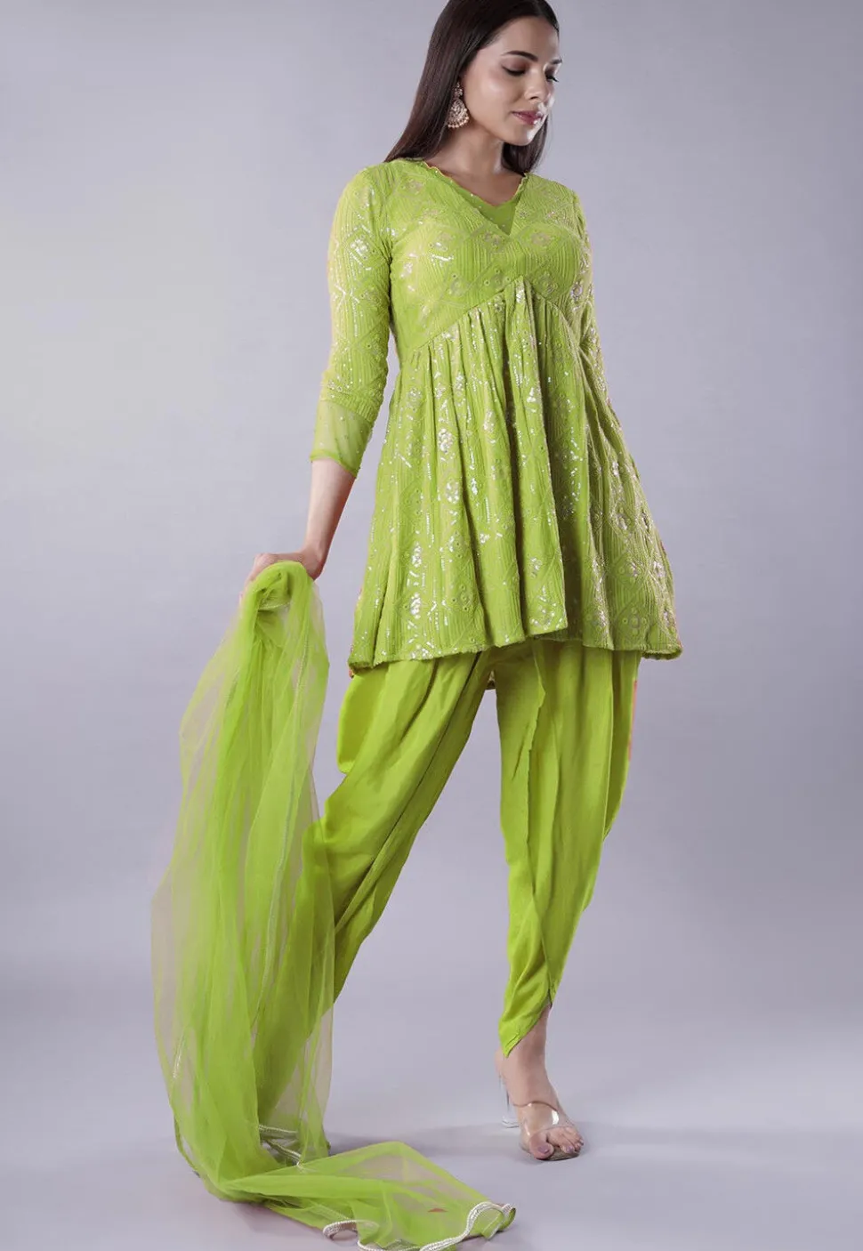 Embroidered Georgette Punjabi Suit in Light Green