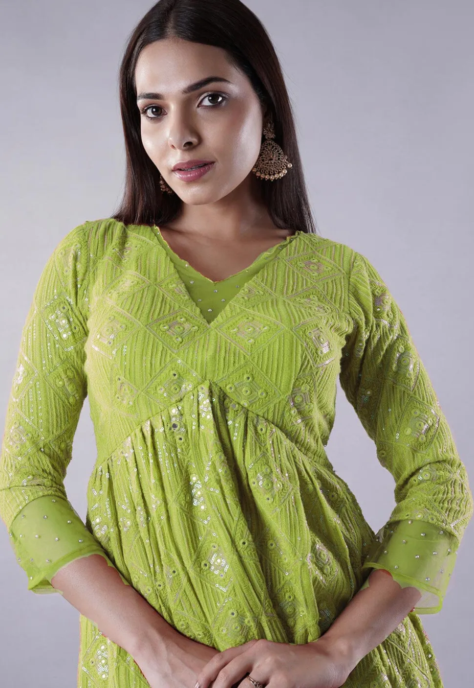 Embroidered Georgette Punjabi Suit in Light Green