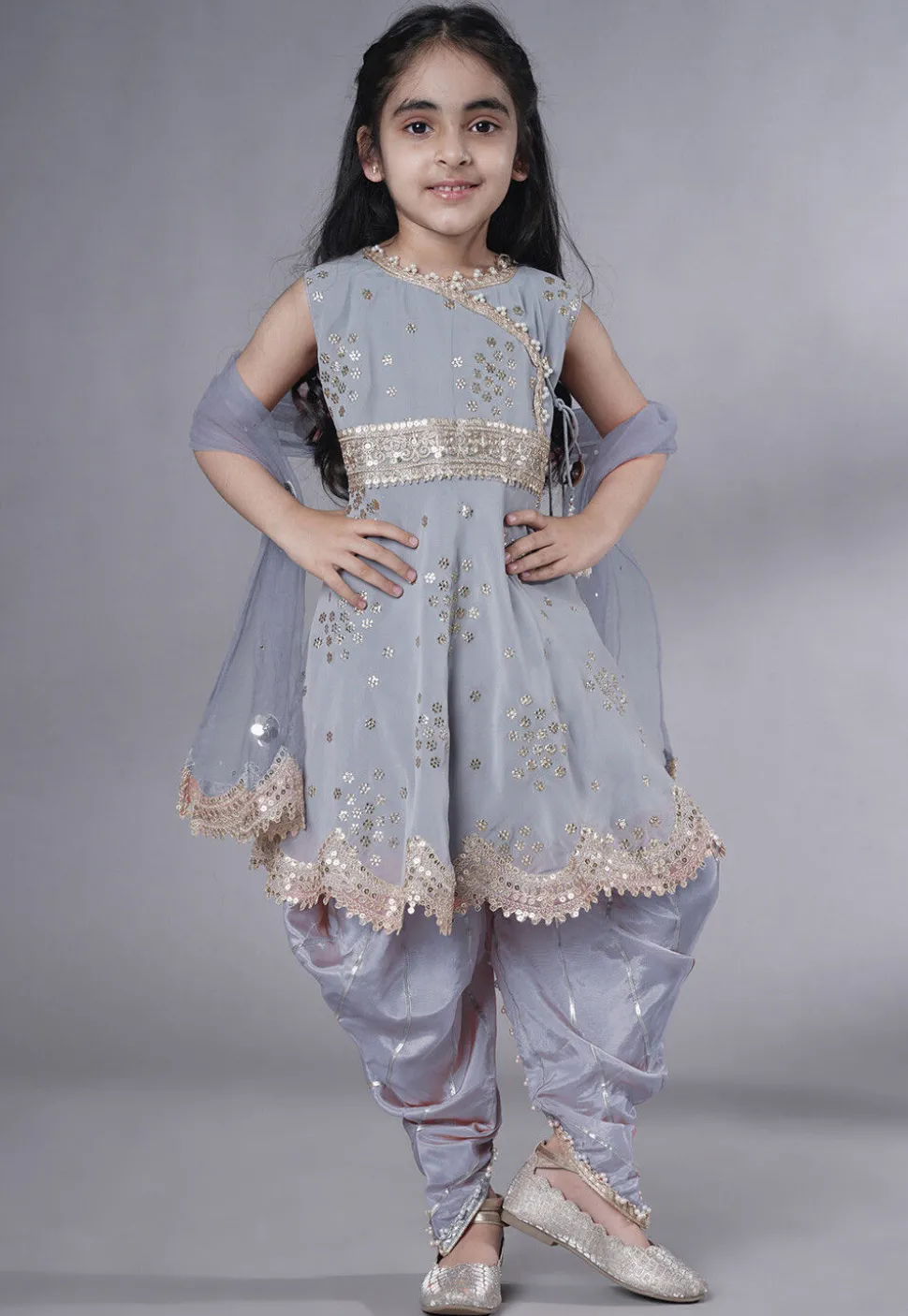 Embroidered Georgette Punjabi Suit in Grey