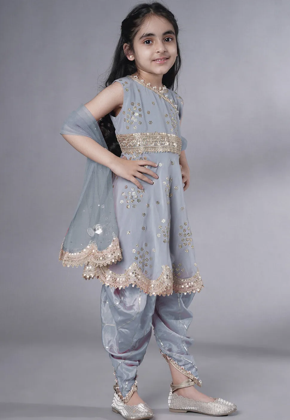 Embroidered Georgette Punjabi Suit in Grey