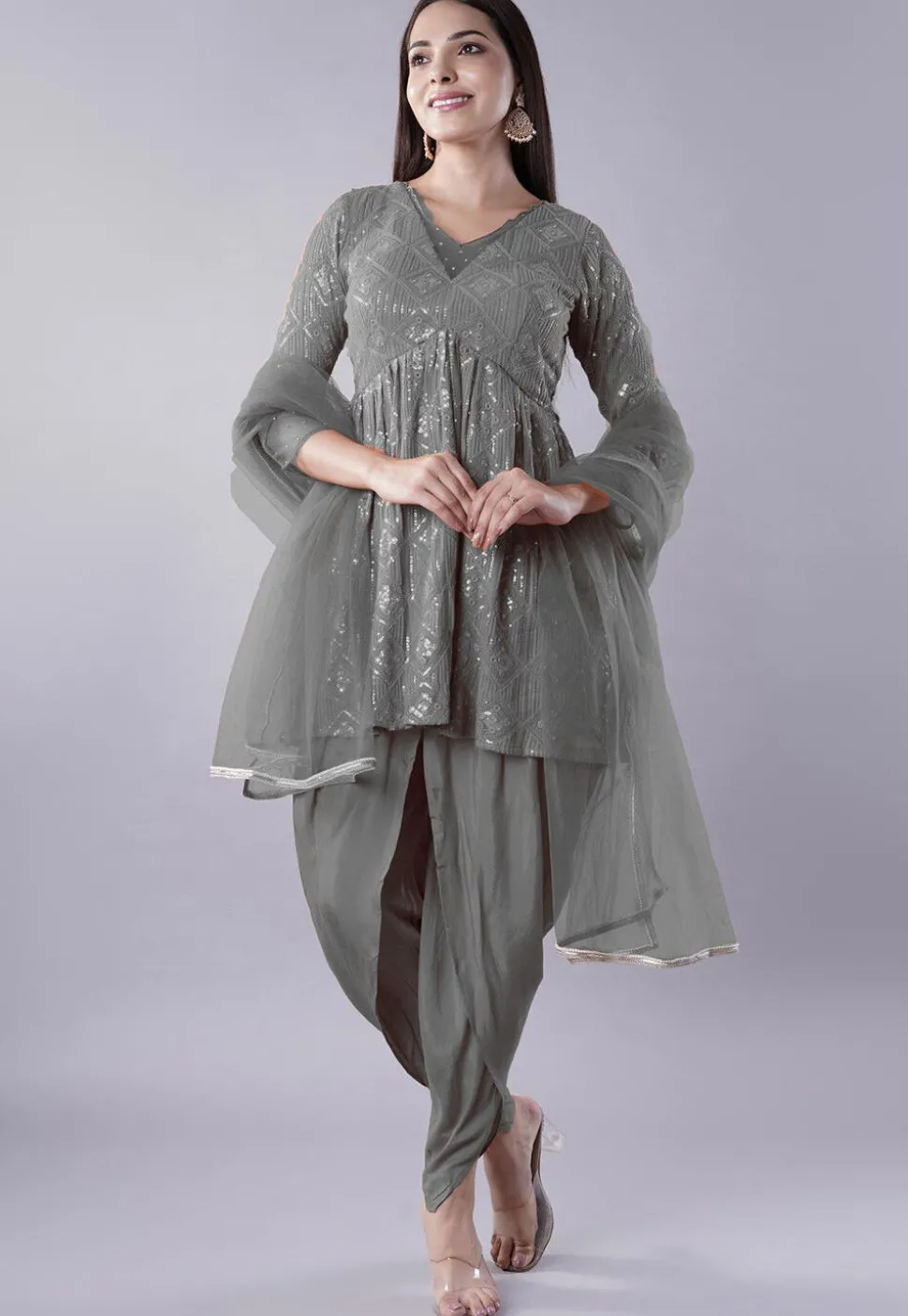 Embroidered Georgette Punjabi Suit in Grey