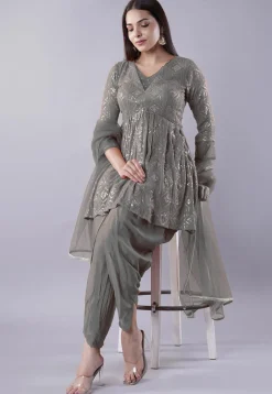 Embroidered Georgette Punjabi Suit in Grey