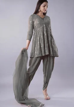 Embroidered Georgette Punjabi Suit in Grey