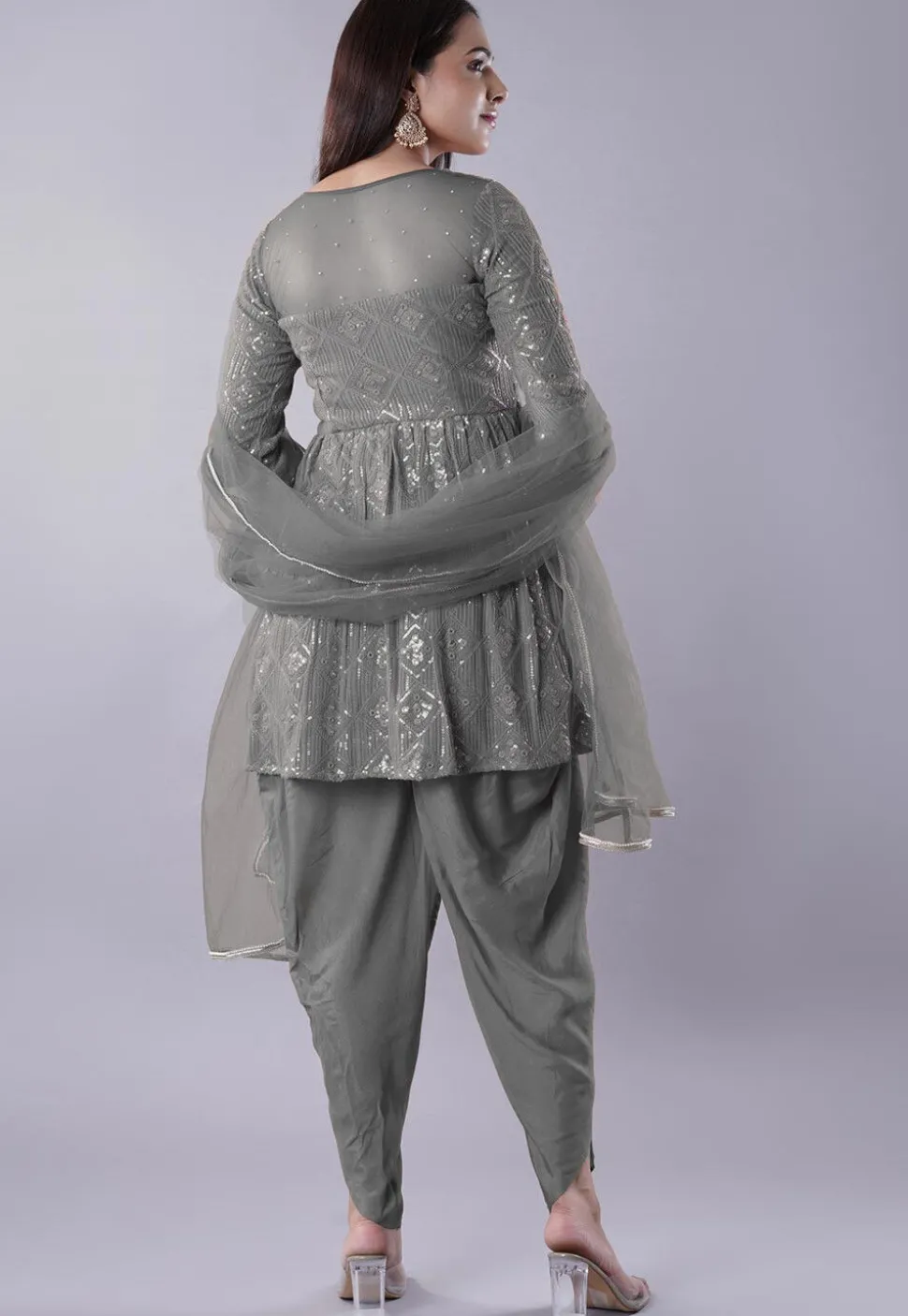 Embroidered Georgette Punjabi Suit in Grey