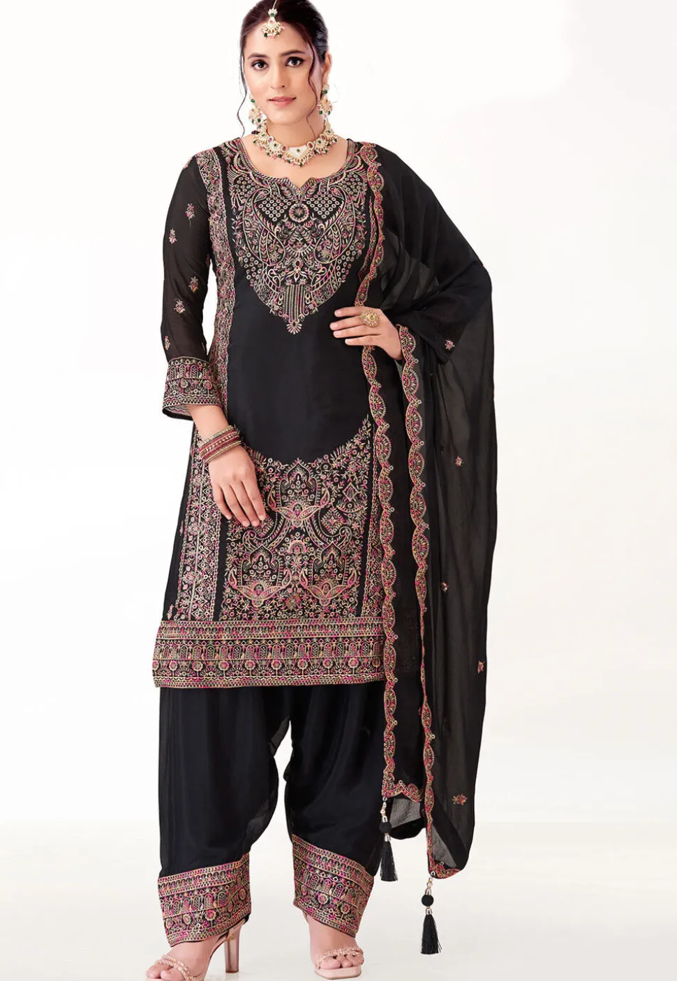 Embroidered Georgette Punjabi Suit in Black