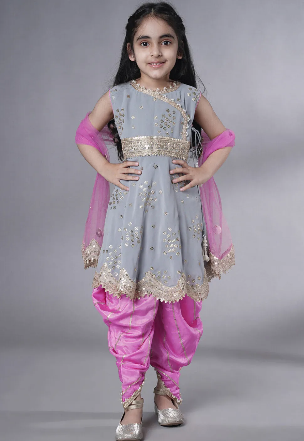 Embroidered Georgette Punjabi Suit in Grey