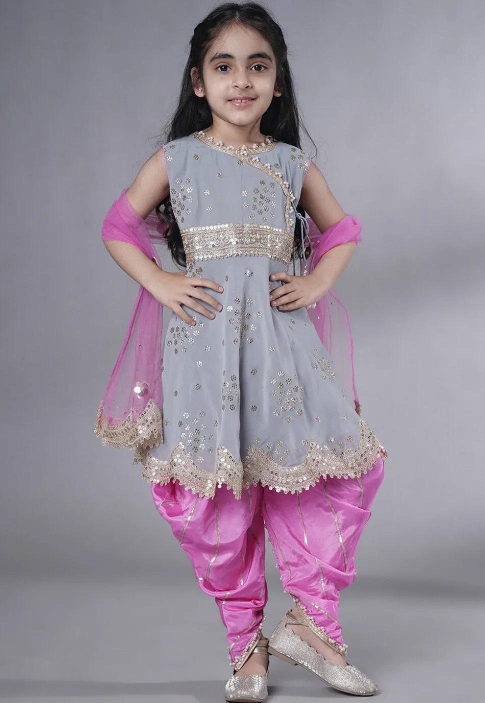 Embroidered Georgette Punjabi Suit in Grey