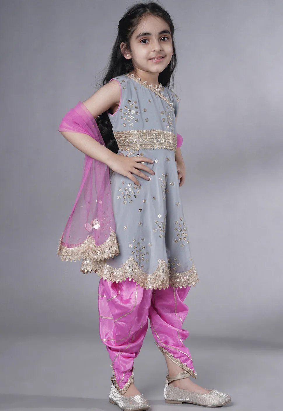 Embroidered Georgette Punjabi Suit in Grey