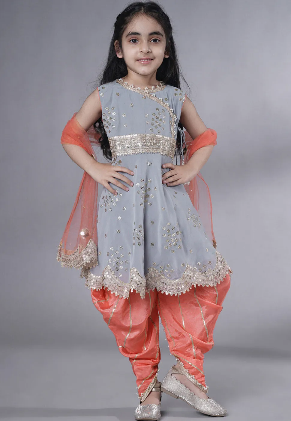 Embroidered Georgette Punjabi Suit in Grey