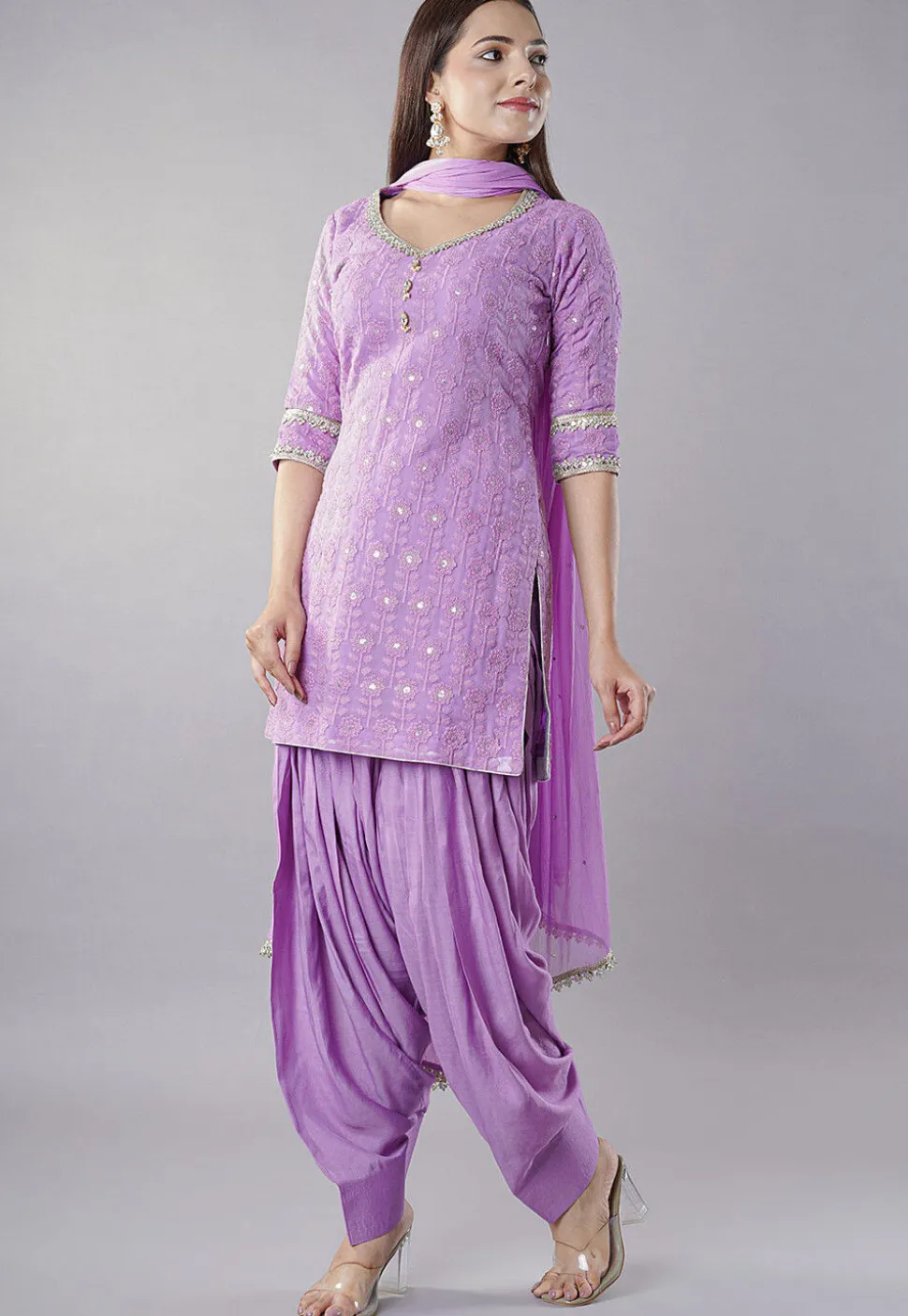 Embroidered Georgette Punjabi Suit in Light Purple