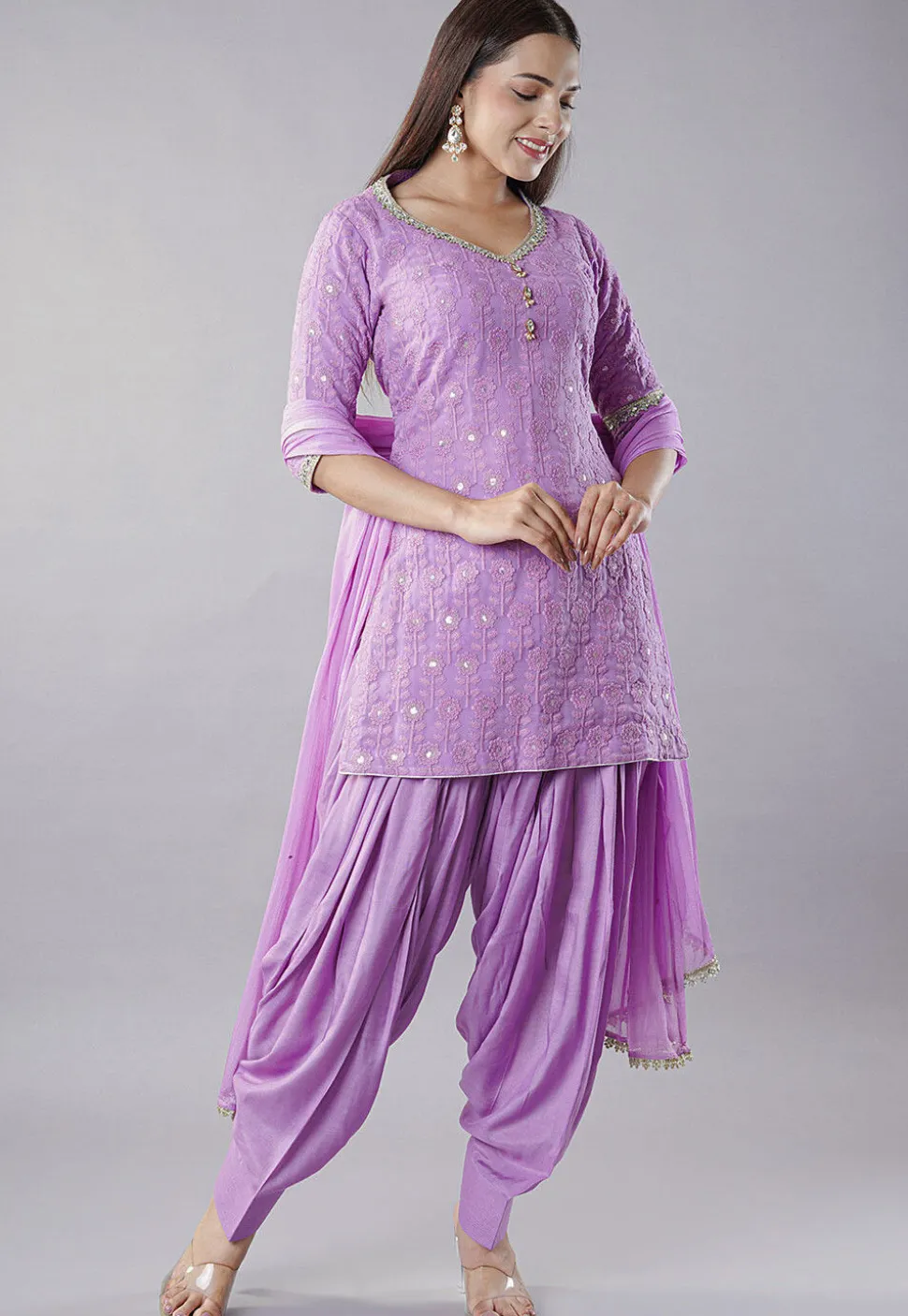 Embroidered Georgette Punjabi Suit in Light Purple
