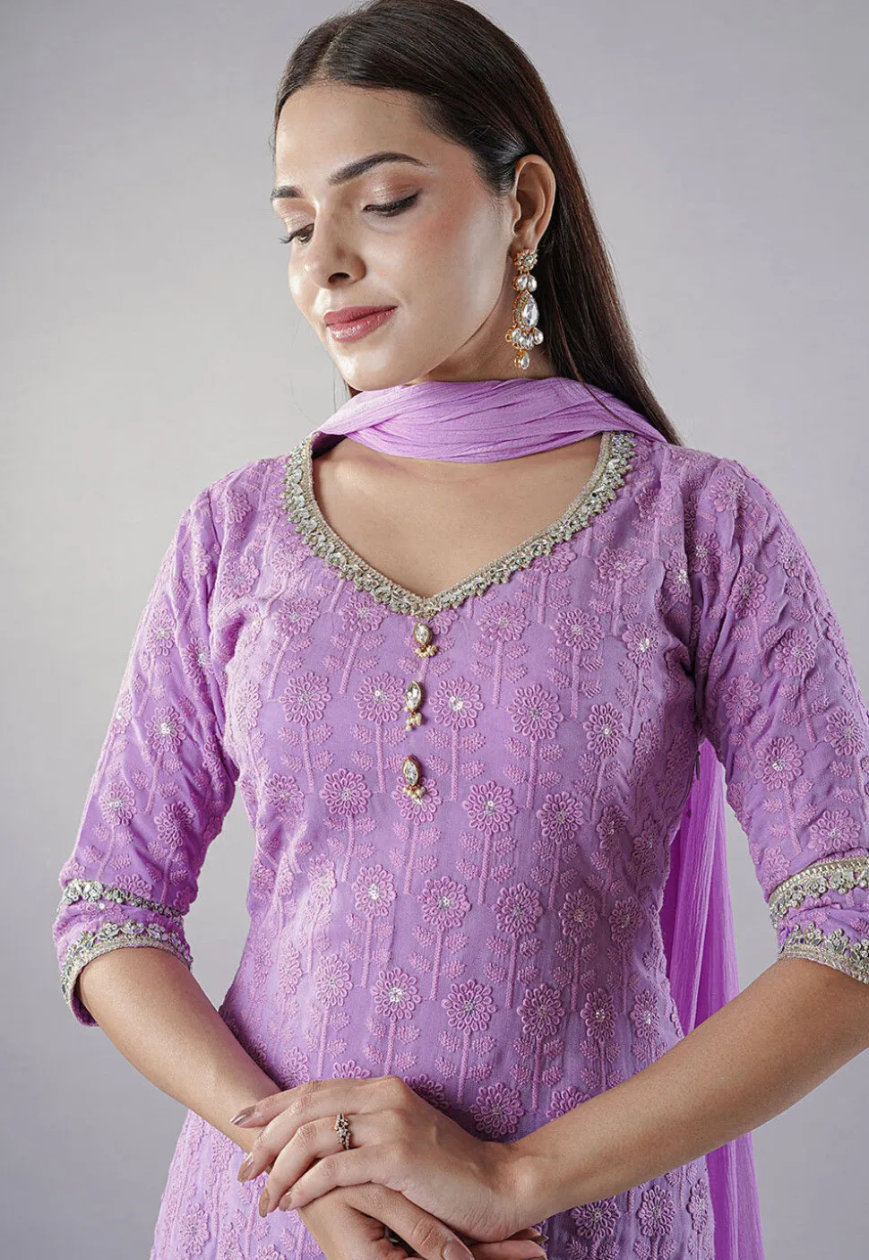 Embroidered Georgette Punjabi Suit in Light Purple