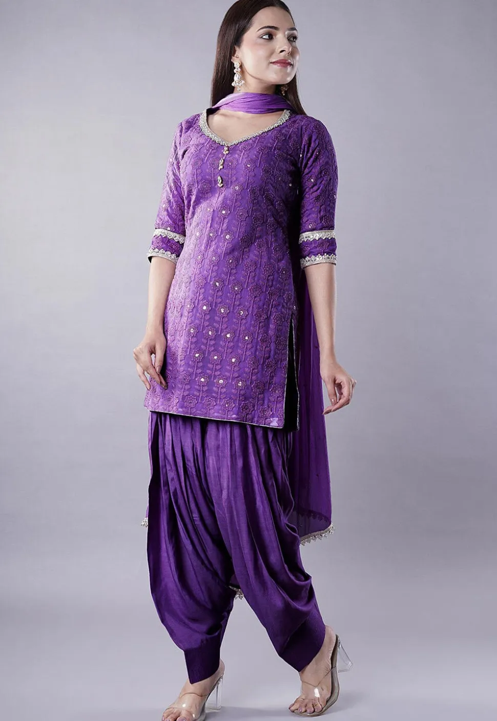 Embroidered Georgette Punjabi Suit in Dark Purple