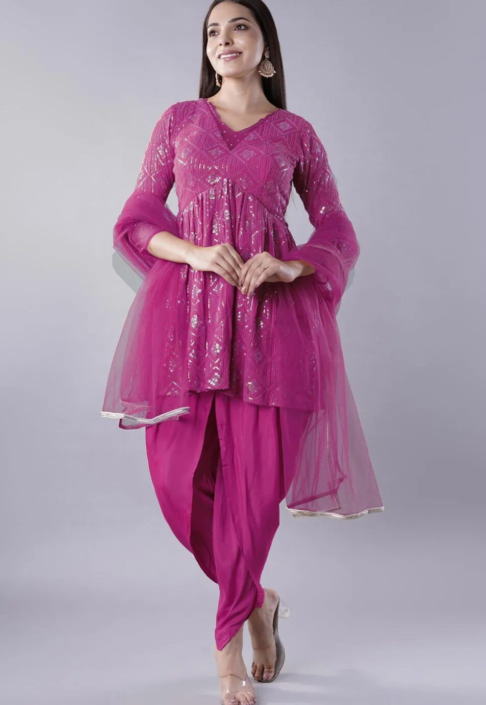 Embroidered Georgette Punjabi Suit in Magenta