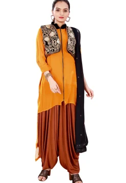 Embroidered Georgette Punjabi Suit in Mustard