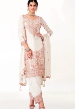 Embroidered Georgette Punjabi Suit in Off White