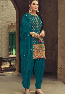 Embroidered Georgette Punjabi Suit in Teal Blue