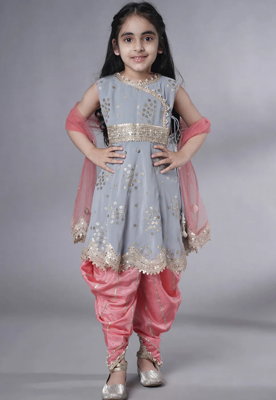 Embroidered Georgette Punjabi Suit in Grey