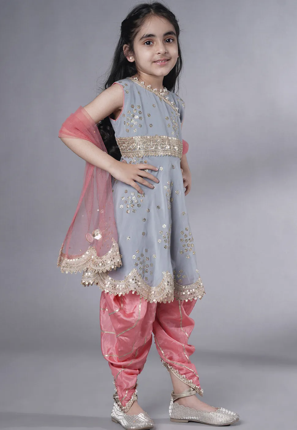 Embroidered Georgette Punjabi Suit in Grey