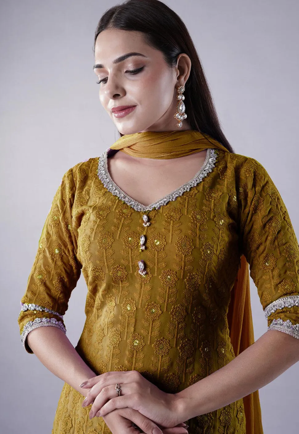 Embroidered Georgette Punjabi Suit in Olive Green